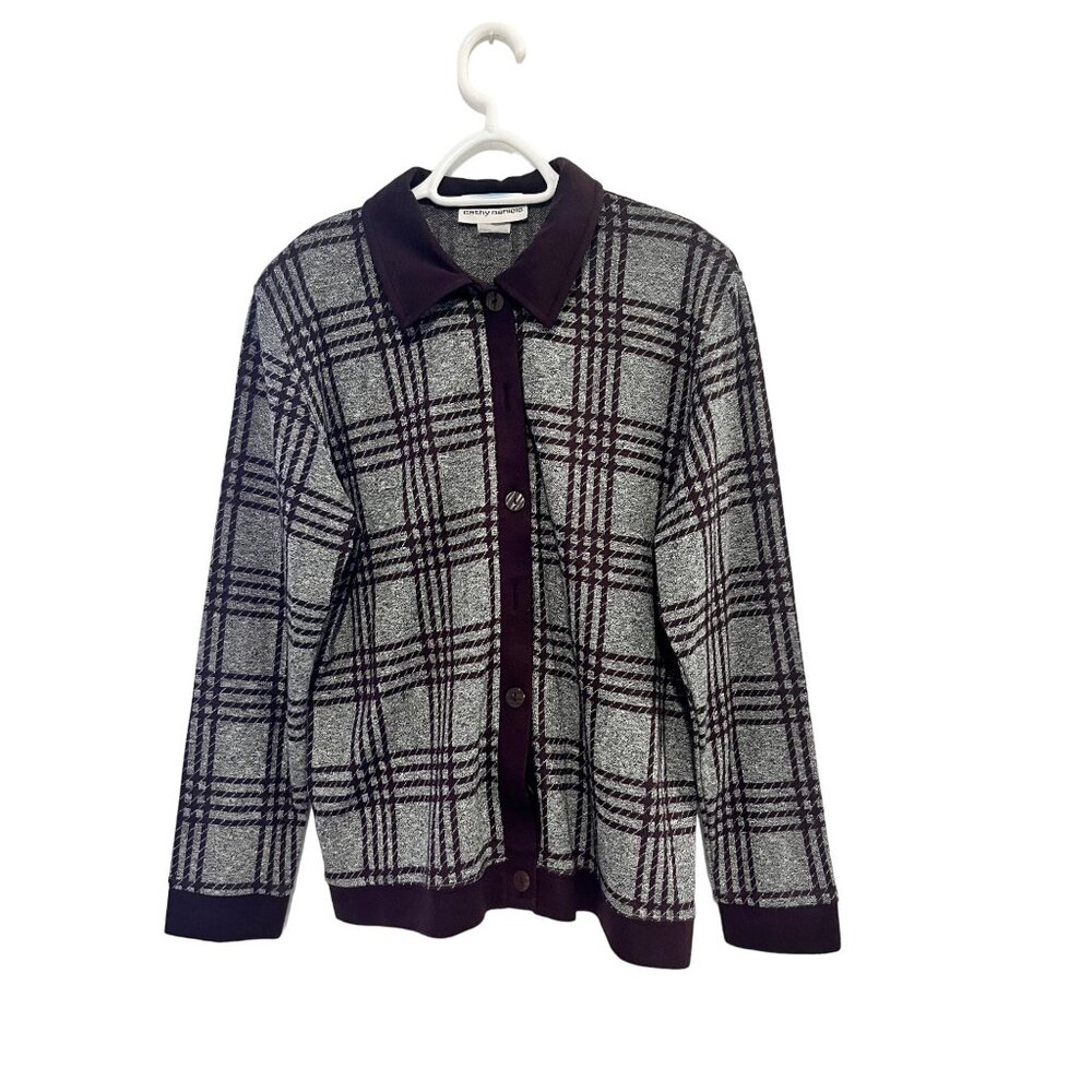 Cathy Daniels Womens Plaid Knit Cardigan Sweater Button Up Sz M Burgundy Gray